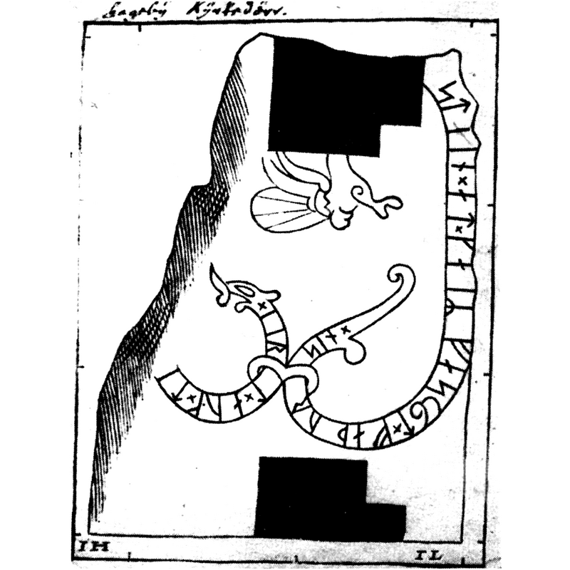Source caption: " Runsten U 874, avbildad som tröskelsten på 1600-talet. [...] Träsnitt i Bautil. [...] 	Leitz och Hadorphs" -- Descriprion in Fornsök Riksantikvarieämbetet: "Runsten, U 874, ca 1,5 m h, 1,32 m br och 0,5 m tj vid roten, avsmalnar uppåt. Stenens fulla längd är 1,92 m . Tolkning: Jarl och ... stenen efter Gerfast, sin fader. Låg tidigare som tröskelsten i vapenhuset till den medeltida kyrkan. Runstenen återfanns 2016-10-03 av Emelie Sunding, Upplandsmuseet i samband med en schaktning för ny ringledare runt kyrkan. Den restes på nuvarande plats 24 maj 2017, ca 9 m NV om fyndplatsen.(Besiktning 2017, lst dnr 435-2588-17)" [NB: the woodblock illustration shows the Runic stone at the time when it was still being used as a threshold stone in the porch [vapenhus] of the church]