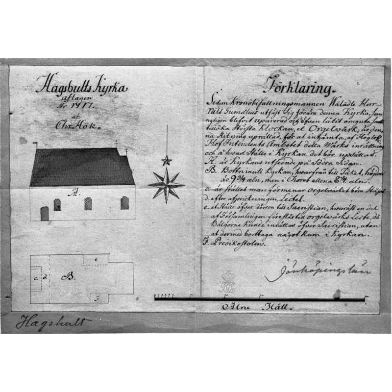 Source caption: "Hagshults kyrka [...] Ritning av kyrkan av Chr. Höök, 1777, avfotograferad."