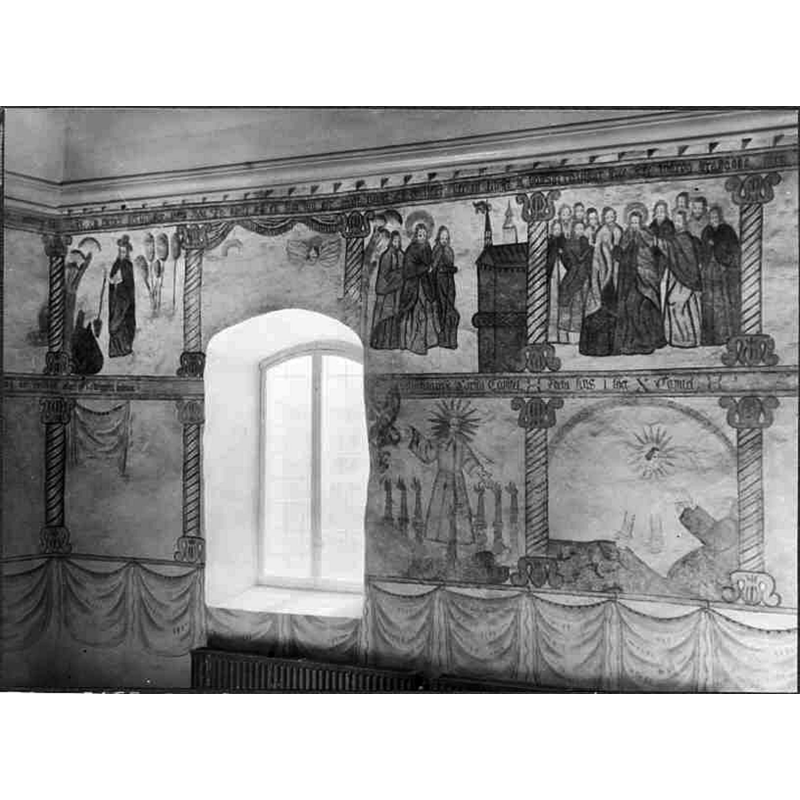 Source caption: "Hagshults kyrka [...] Södra väggen efter restaurering." -- 17thC mural paintings, formerly whitewashed, uncovered in the 1940 restoration