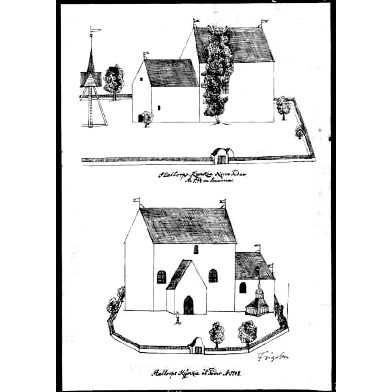 Source caption: "Halltorps kyrka [...] Teckning av kyrkan mot norr och söder 1748."