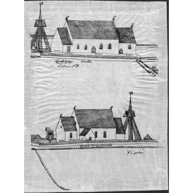 Source caption: "Ljungby kyrka [...] Kyrkan mot norr och söder. Kopia efter Frigelius, Kalmar läroverks bibliotek."