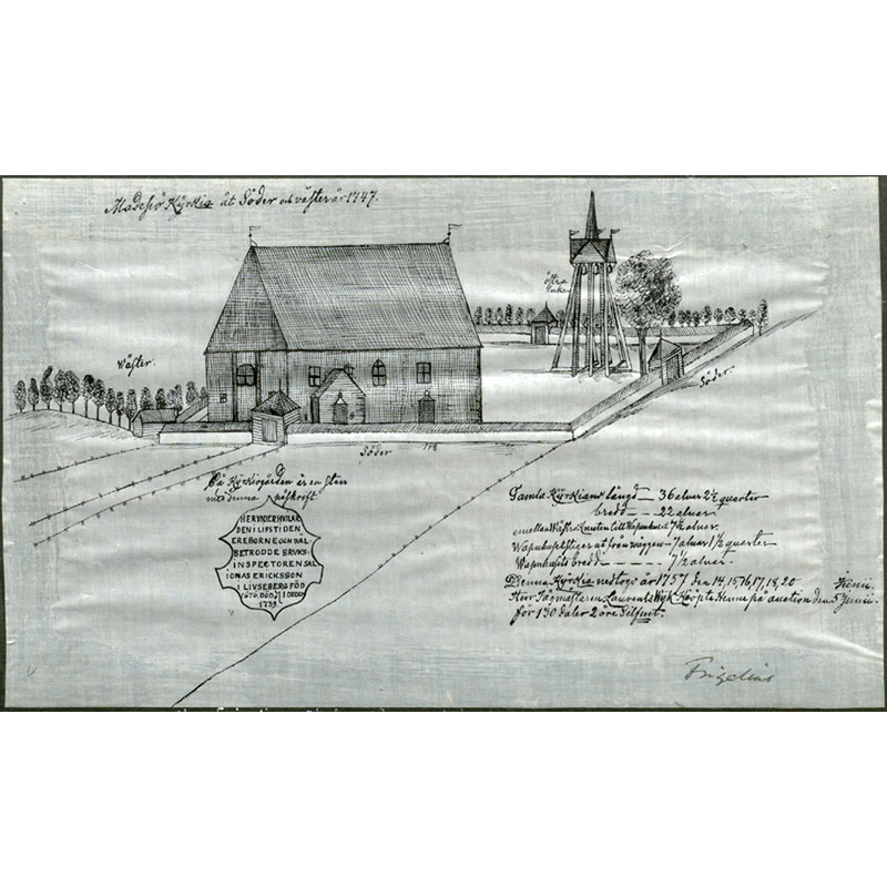Source caption: "Madesjö gamla kyrka [...] Madesjö gamla kyrka från sydväst, riven 1757. Teckning av Petrus Frigelius 1747, kopierad av Fabian Baehrendtz ca 1900. Original i Stifts- och gymnasiebiblioteket i Kalmar." -- the wooden medieval church is said to have burned down in a 1652 fire; the one drawn by Frigelius was a wooden replacement which would eventually be replaced by a stone church and demolished in 1757