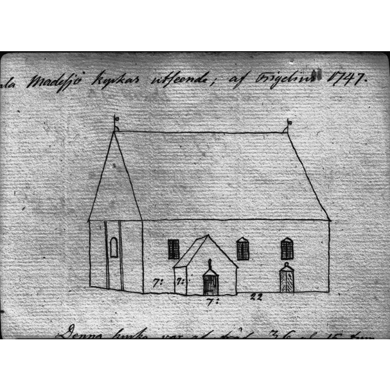 Source caption: "Madesjö gamla kyrka [...] Den gamla kyrkan mot söder, foto efter teckning ur Löfgren, Calmar stift 1, sidan 238, teckning av Frigelius 1747." -- the wooden medieval church is said to have burned down in a 1652 fire; the one drawn by Frigelius was a wooden replacement which would eventually be replaced by a stone church and demolished in 1757