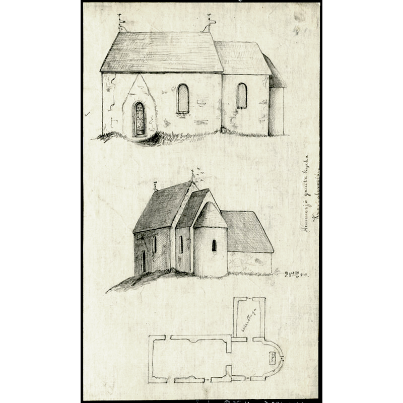 Source caption: "Hemmesjö gamla kyrka [...] Kyrkan från söder och sydöst, samt grundplan. Blyertsteckning av Per Gustaf Vistrand, 28 april 1880."