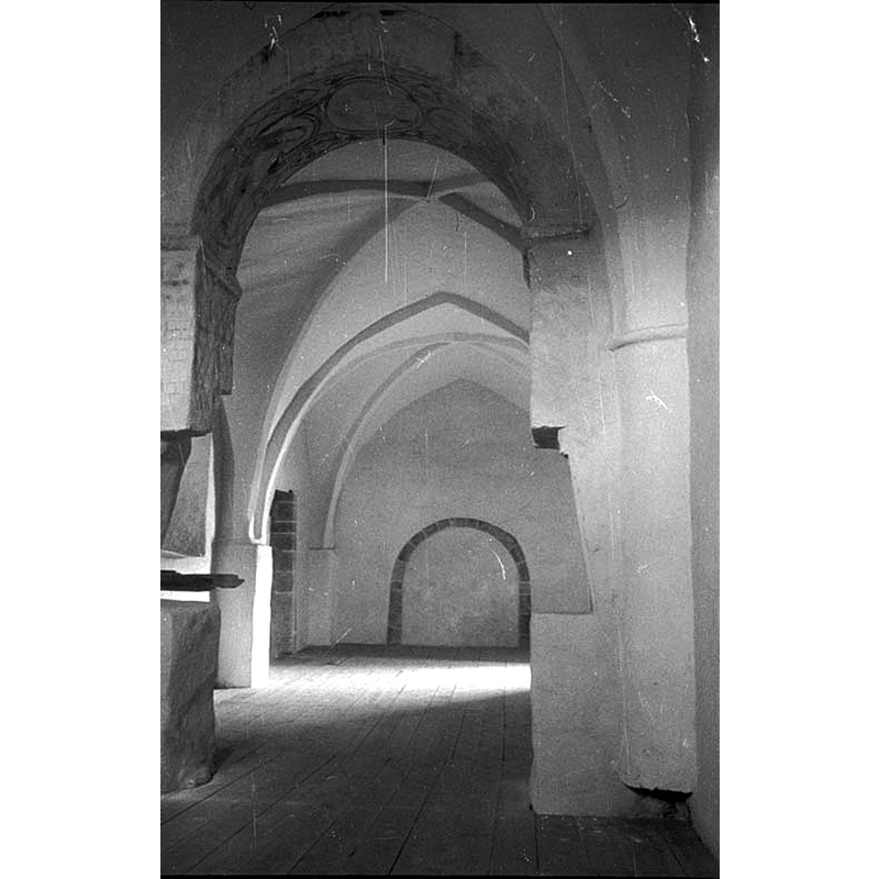 Source caption; "Hemmesjö gamla kyrka [...] Interiör mot väster. Efter restaurering." -- 12thC church; abandoned 1854; restored 1921