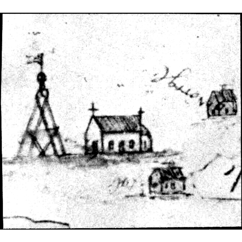Source caption: "Jälluntofta gamla kyrka [...] Kyrkan och klockstapeln. Foto efter teckning på en skogalagskarta av år 1816. Kyrkans byggnadsår uppges ha varit 1268."