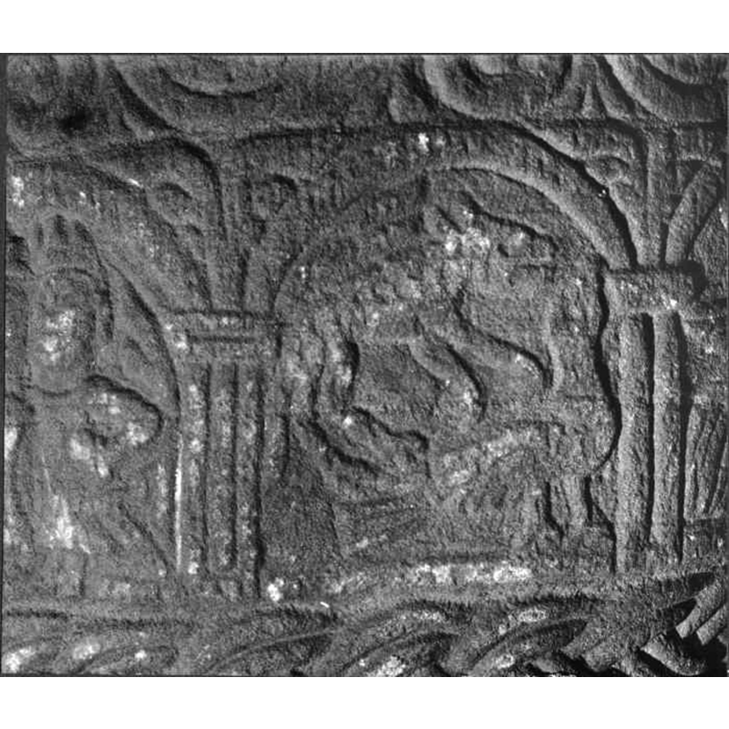 Source caption: "Jönköping, Ljungarums kyrka [...] Dopfunt, sandsten, Bestiarius skola, början av 1200-talet, detalj."