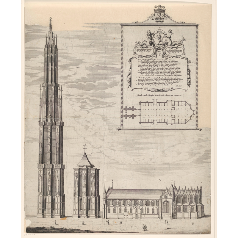 Source caption: "Afbeelding van de Sint-Lievensmonsterkerk te Zierikzee (C) met links van het kerkgebouw de toren zoals die in werkelijkheid gebouwd is (B) en helemaal links de toren zoals die eruit had moeten zien als de bouw voltooid zou zijn geweest (A). Rechtsboven het wapen van Zeeland. Daaronder het wapen van Zierikzee geflankeerd door een meerman en -vrouw met daaronder de opdracht, een vers over de kerk en de legenda A-C. Daaronder een plattegrond van de kerk en de toren ('Grondt vande Monster Kerck ende Thoren tot Ziericzee')."