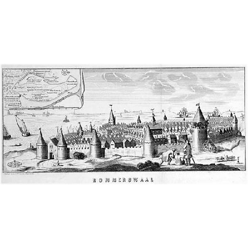 Source caption: " Reimerswaal, drowned city, Zeeland, The Netherlands [...] View of the city of Reimerswaal, from the land side, before the flood of 1570, with people in the foreground, and the Scheldt in the background, and to left a map of the location of the foundations of the houses of the town at low tide, orientation west up." [NB: Reimerswaal church and the town itself were drowned in the sea in 1570]
