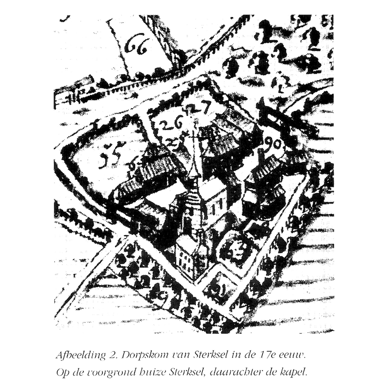 showing the church or chapel towards the centre of the image