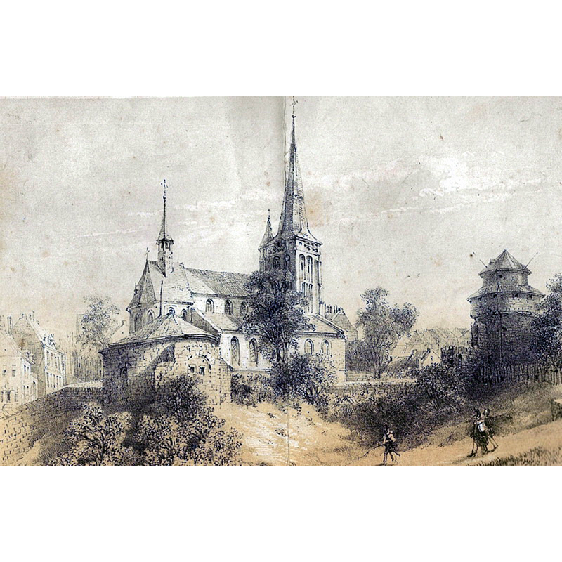 Source caption: "Lithografie door Alexander Schaepkens van een gezicht op de oude Sint-Maartenskerk, in 1853 gesloopt, en rechts de Wycker Kruittoren, afgebroken in 1868. Rechtsonder enkele soldaten van het garnizoen met bepakking. Collectie RHCL, Maastricht."