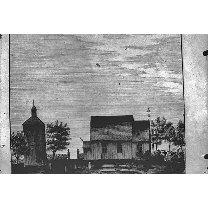Source caption: "Kyrkan och klockstapeln. Foto efter teckning ur Ihrfors: Smolandia sacra, plansch 266." [NB: the old parish church at Bosebo in Ihrfor's time; the building would be moved to the Kulturen i Lund museum in 1894]
