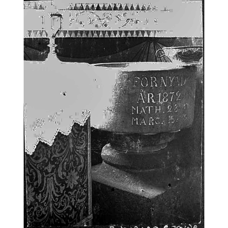 Source caption: "Frinnaryds kyrka [...] Dopfunt av sten." [NB:the inscription refers to 1872, the year when the font was restored and a new base added to it]
