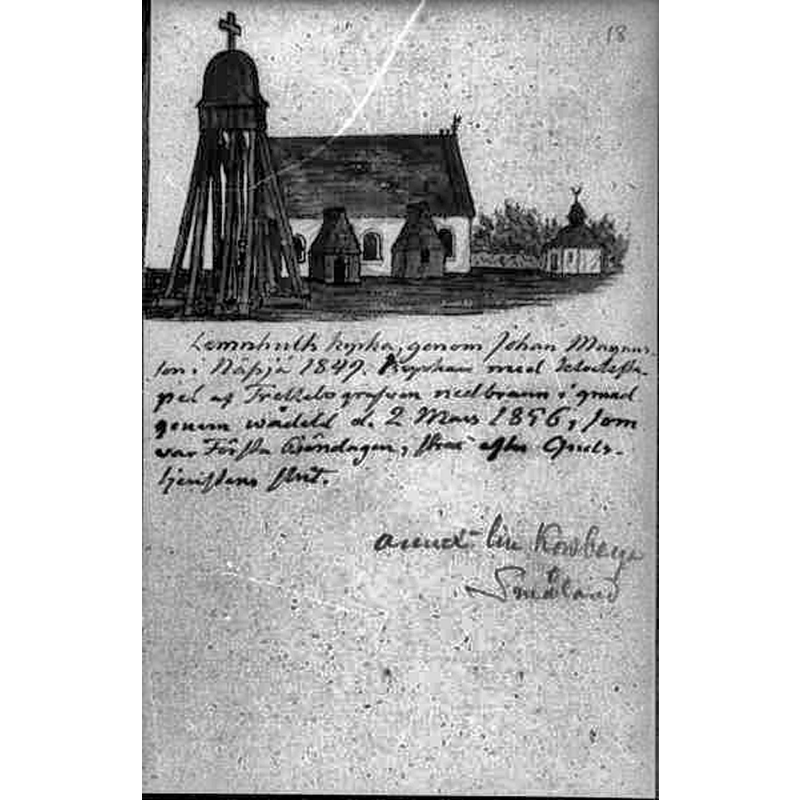 Source caption: "Lemnhults [gamla] kyrka [...] Foto av teckning av kyrkan mot söder. Ur Nils Isak Löfgren Teckn. av kyrkor."