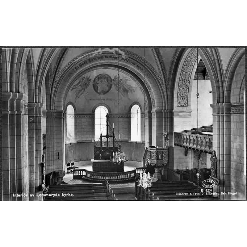 Source caption: "Lommaryds kyrka [...] Interiör mot öster." -- the medieval font is visible in the bottom-left corner, by the north pillar of the chancel arch of the new 1890s church