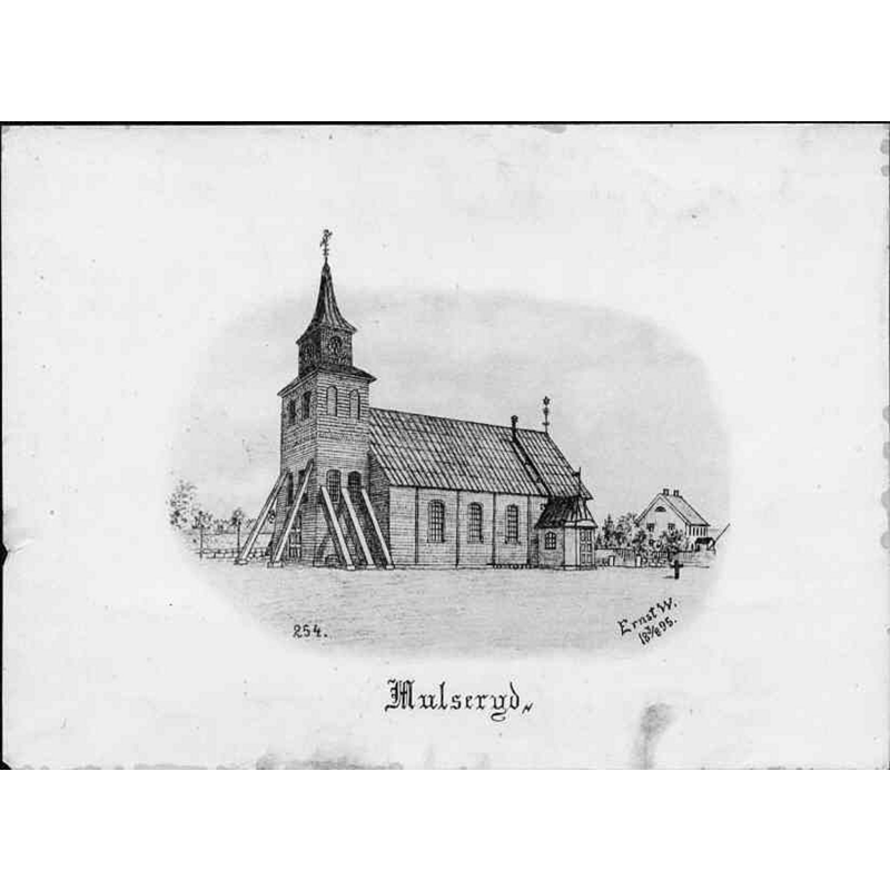 Source caption: "Mukseryds kyrka [...] Kyrkan mot sydväst, teckning av Ernst Wennerblad ur Skara stifts kyrkor."