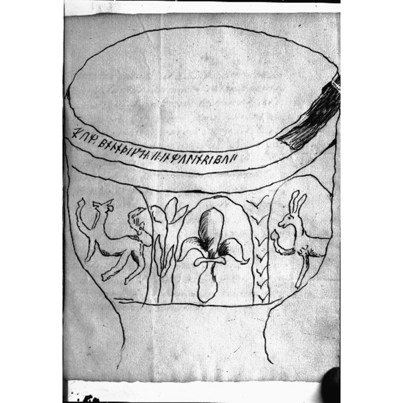 Source caption: "Pjätteryds kyrka [...] Foto av teckning av dopfunt. Efter Johan Peringskiöld: Monumenta VIII."