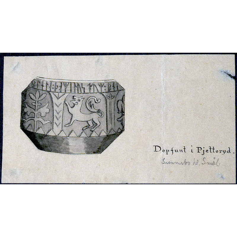 Source caption: "Pjätteryds kyrka [...] Skålen till medeltida dopfunt med runinskrift. Blyertsteckning. Inskriften har tolkats enligt Sveriges Runinskrifter som: "Ave Maria, gratia plena, Dominus tecum. Benedicta (tu) in mulieribus, (e). . . ruct(u)s (v)en(t)ris tui."