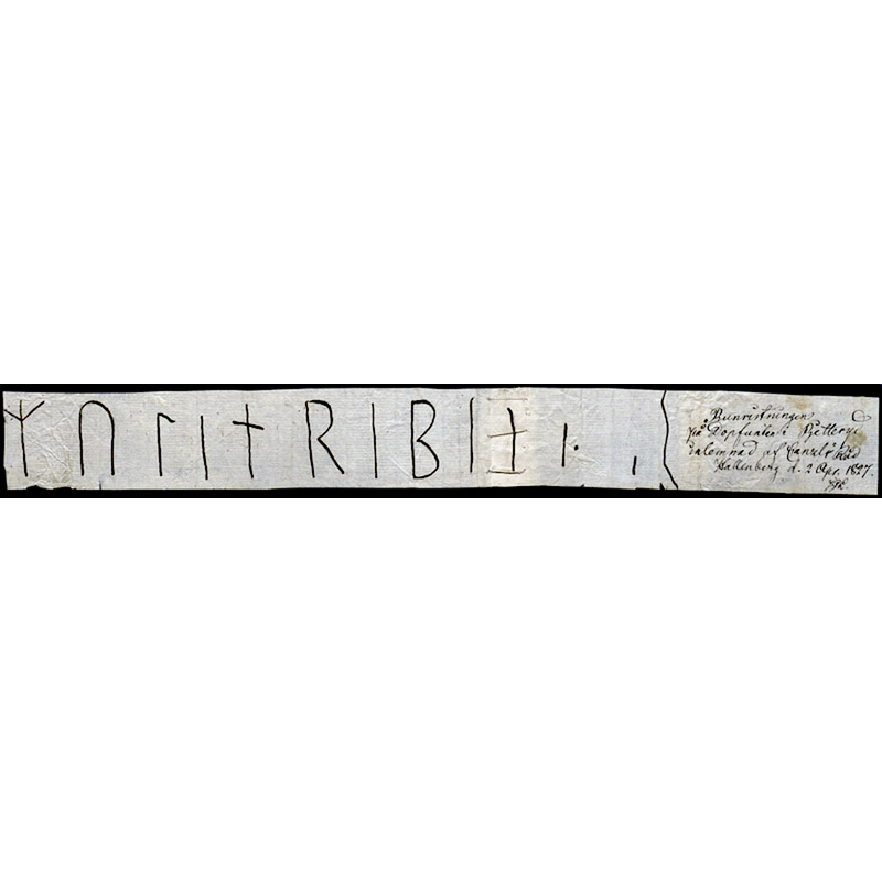 Source caption: "Pjätteryds kyrka [...] Runor på den medeltida dopfunten, avbildade av Jonas Hallenberg och inlämnade till Vitterhetsakademien 2 april 1827. Inskriften har tolkats enligt Sveriges Runinskrifter som: "Ave Maria, gratia plena, Dominus tecum. Benedicta (tu) in mulieribus, (e). . . ruct(u)s (v)en(t)ris tui."