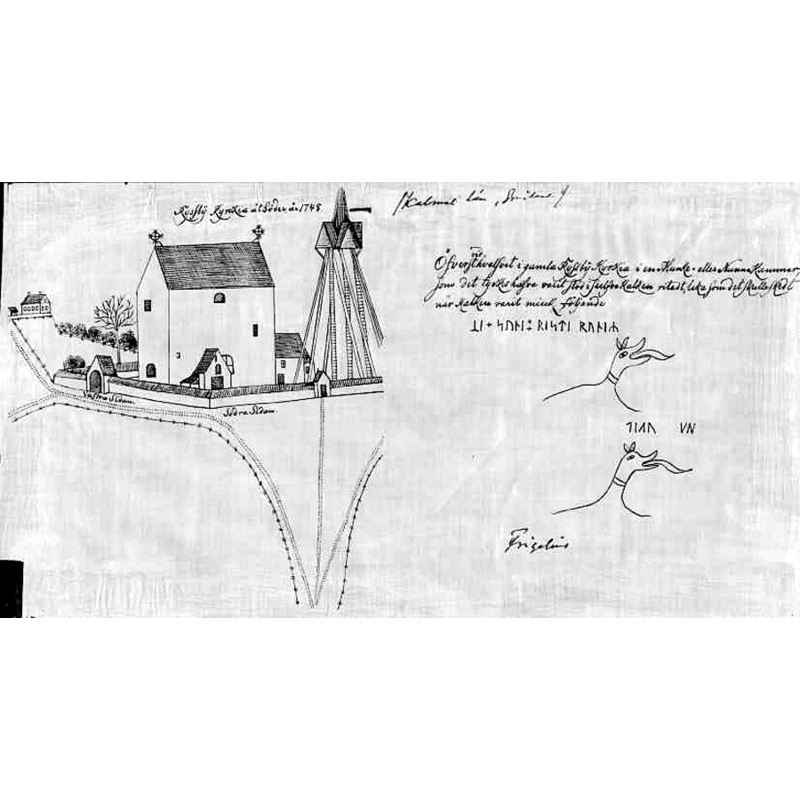 Source caption: "Ryssby kyrka [...] Teckning av gamla kyrkan mot sydväst 1748. Sm158." [NB: the medieval church would be replaced in 1750]