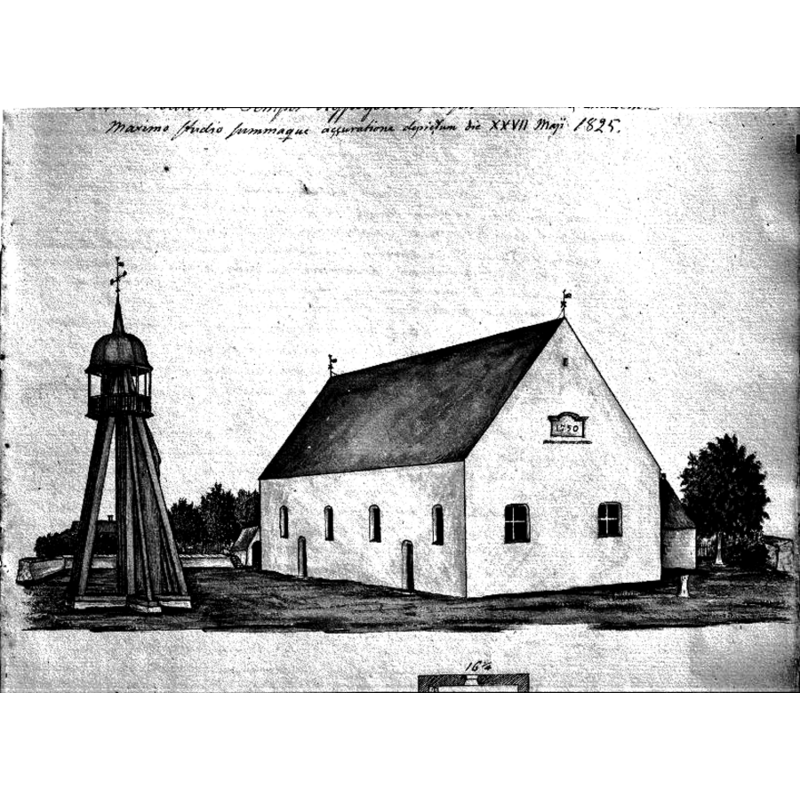Source caption: "Ryssby kyrka [...] Foto av teckning över gamla kyrkan med klockstapeln. Efter Löfgren." -- the drawing of 1825 shows the church built in 1750 and the old belfry that would be replaced by a bell tower in 1837 [NB: the term "gamla kyrka" [=old church] referring to this building in the caption is actually misleading; as shown in the photograph this is the building that replaced the original medieval church in 1750; this building would be totally destroyed by fire in December 2001; a new church would be built to replace it, and was consecrated in 2005].