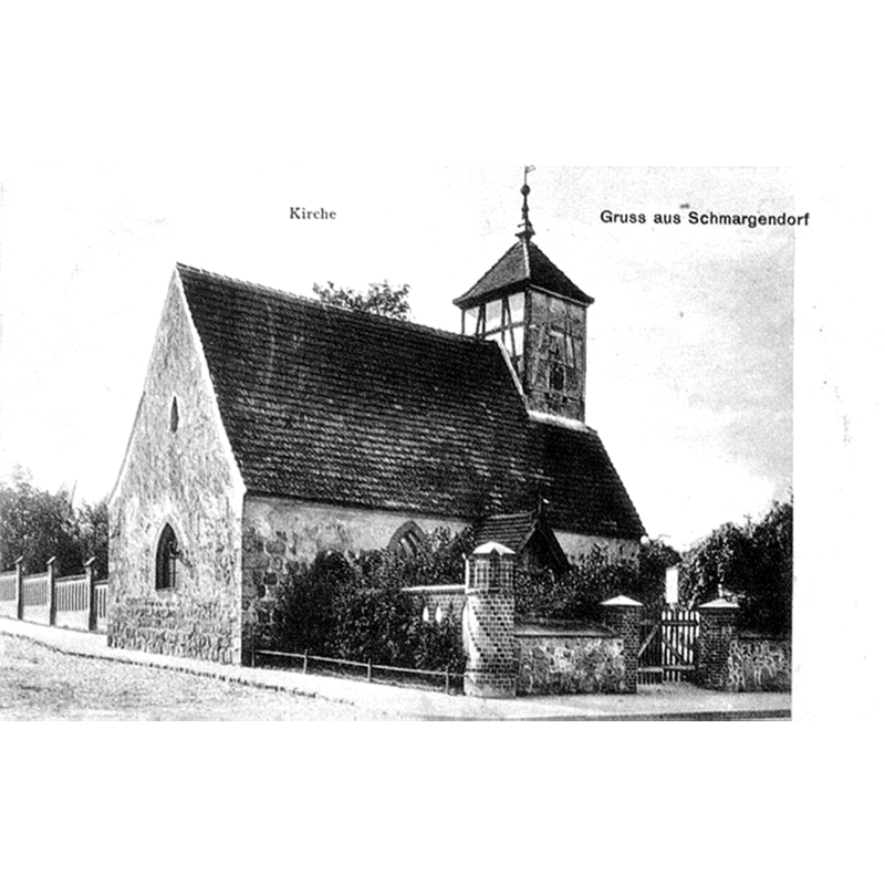 Source caption: "Ansichtskarte der Dorfkirche Schmargendorf von 1908"
