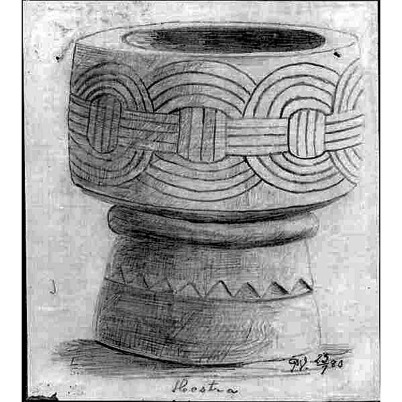 Source caption: "Södra Hestra kyrka [...] Teckning av dopfunt, 1200-talets början. Teckningen gjord av Per Vistrand 1880." -- showing the font without the additional wooden lower base that shows up in later photographs