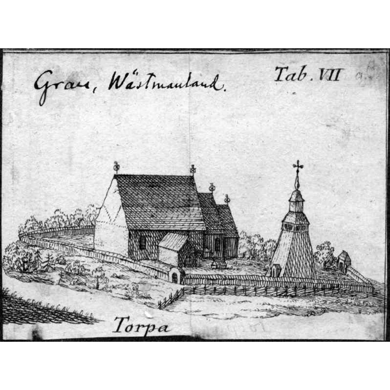 Source caption: "Torpa kyrka [...] Kyrkan och dess omgivning mot sydväst. Teckning ur Grau: Beskrivning över Västmanland."