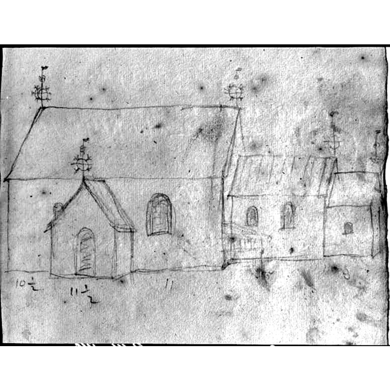 Source caption: "Torpa kyrka [...] Kyrkan mot söder. Foto efter teckning ur J. Peringskjöld: Södermanlands kyrkor...1686."
