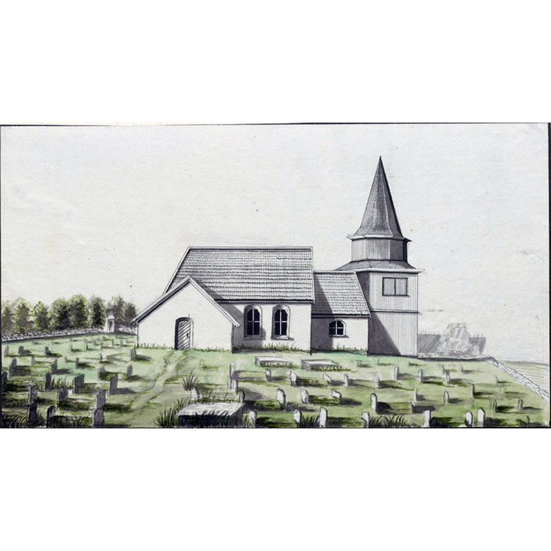 Source caption: "Torpa kyrka [...] Akvarellerad tuschteckning från 1800-talets mitt." [NB: the tower was built at the east end of the church]