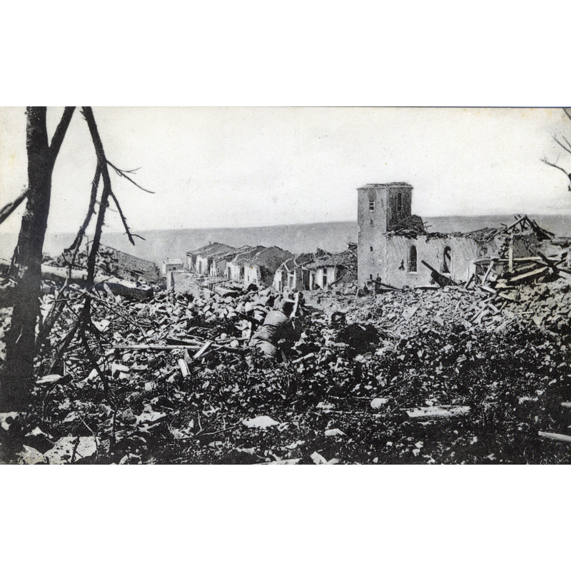 Source caption on back: "Beaumont.  Nr. 2476.  Militärisch zensiert und zum freien Verkehr zugelassen [Military censored and cleared for free circulation]."  [NB: destroyed by the retreating German army in 1917; it would be re-built 1932]