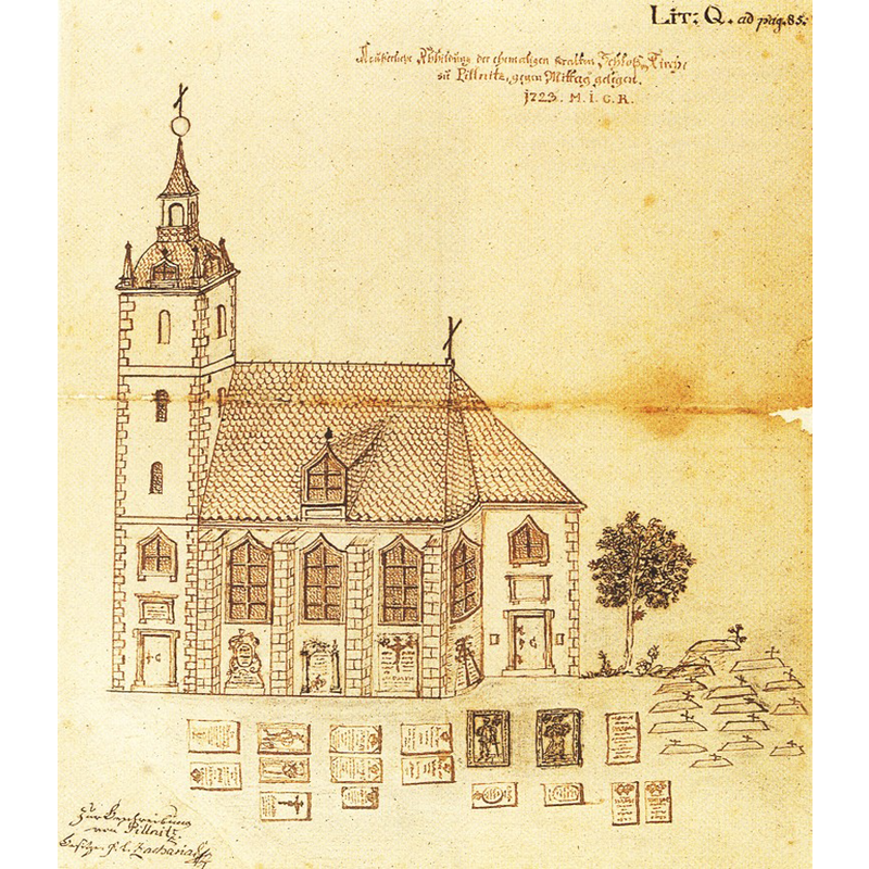 Source caption: "Zeichnung der alten Pillnitzer Schlosskirche kurz vor dem Abbruch 1723" [the castle church before its demolition]