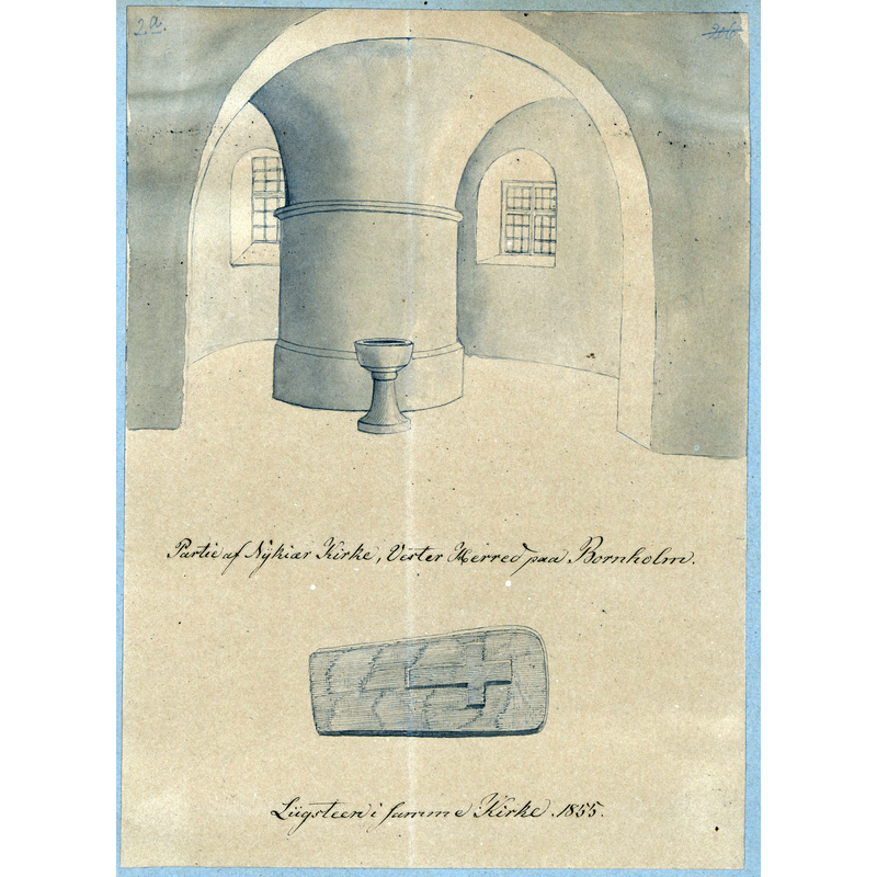 Source caption: "Tegningen sidder i: Dr. I. G. Burman Beckers antiqvarisk-topografiske Samling, Kirker på Bornholm, Møn og Samsø"