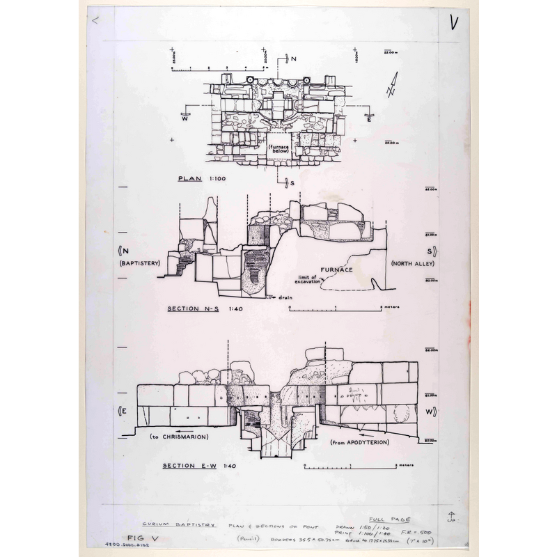Source caption: "Baptismal font, plan of the font and sections looking east and south, Basilica, Episcopal precinct, Kourion, Cyprus"