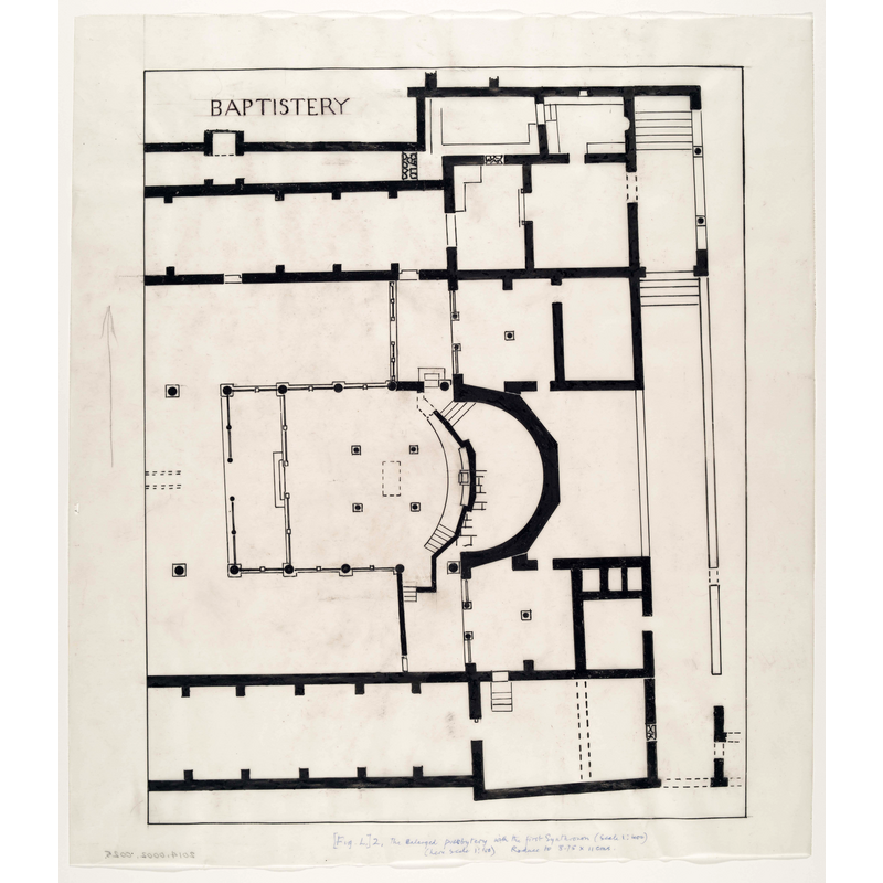 Source caption: "Hypothetical plan of baptistery, presbytery after completion of the apse, Basilica, Episcopal precinct, Kourion, Cyprus"