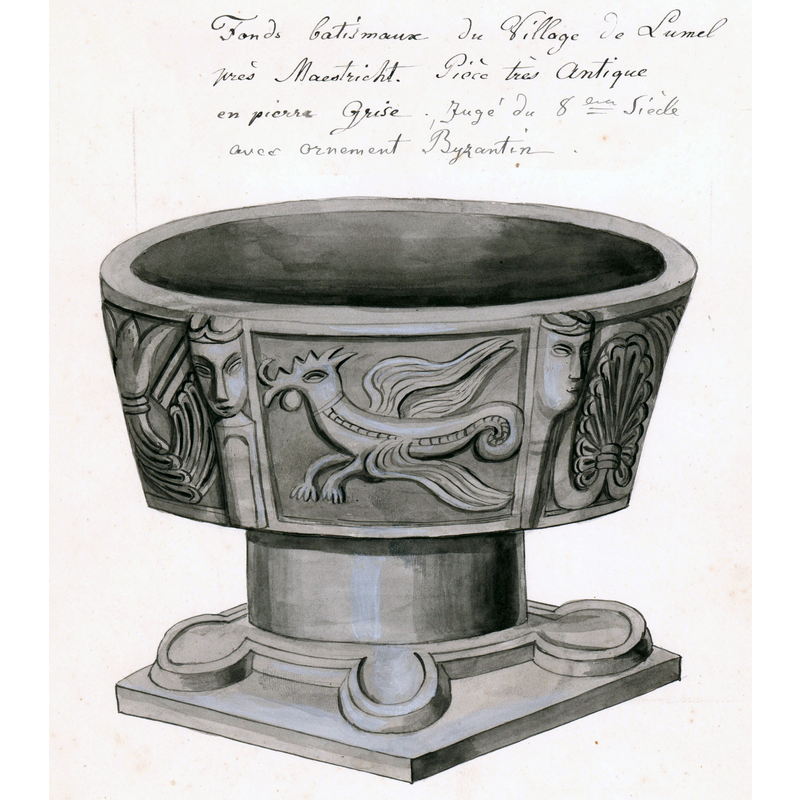 Source caption: " Ingekleurde tekening [ca. 1840] van Philippe van Gulpen van de romaanse doopvont in de Johannes de Doperkerk te Maastricht-Limmel. NB: de claims in het bijschrift (8e eeuw; Byzantijnse ornamenten) zijn achterhaald. Bijschrift: Fonds batismaux du Village de Lumel près Maestricht. Pièce très Antique en pierre grise. Jugé du 8ième siècle avec ornement Byzantin. Collectie Van der Noordaa in het RHCL, Maastricht, CVDN 322."