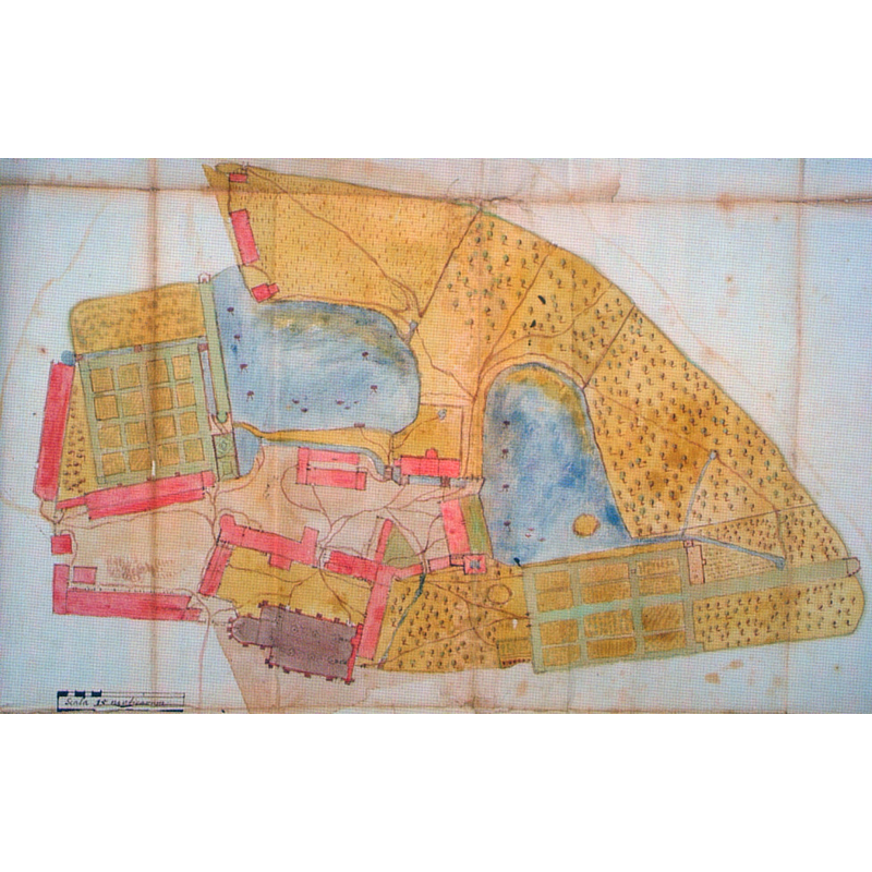 Source caption: "Lageplan Kloster Lamspringe 1695 angefertigt" -- map of the abbey showing the highlighted plan of the abbey church at the bottom