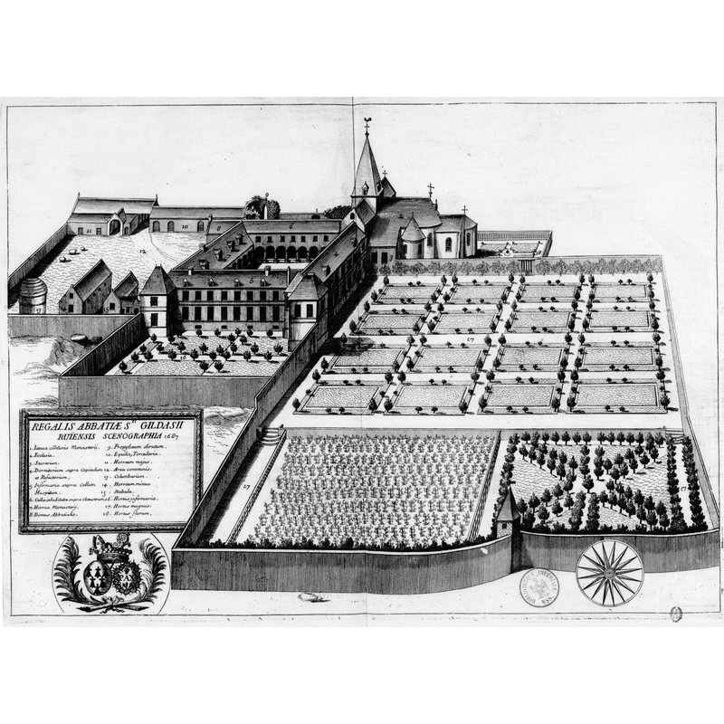 Source caption: " Planche gravée du 17ème siècle représentant l'abbaye Saint-Gildas de Rhuys, dans le livre Monasticon Gallicanum."
