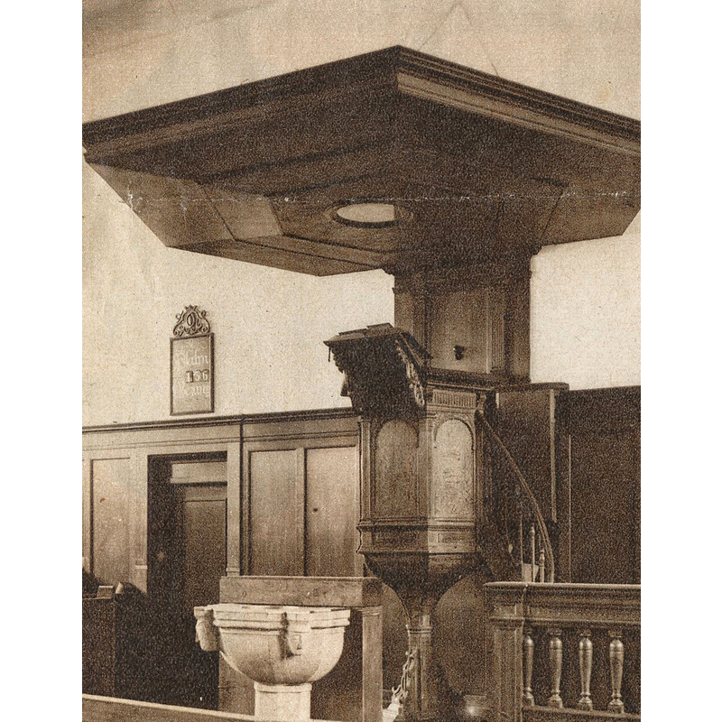 showing the baptismal font [ca. 1888?] before the restoration that would use the newly discovered missing half of the basin