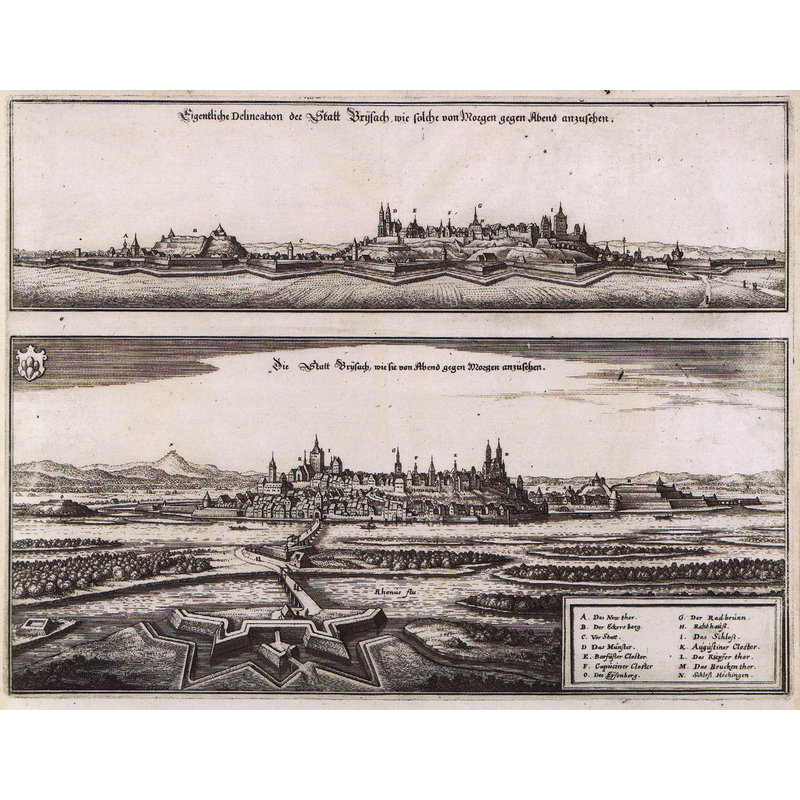 Source caption: "Historische Ansicht von Breisach und des Breisacher Münsters; oben die Ansicht von Osten, darunter die Westansicht nach einem Kupferstich von de:Matthäus Merian, 1644"