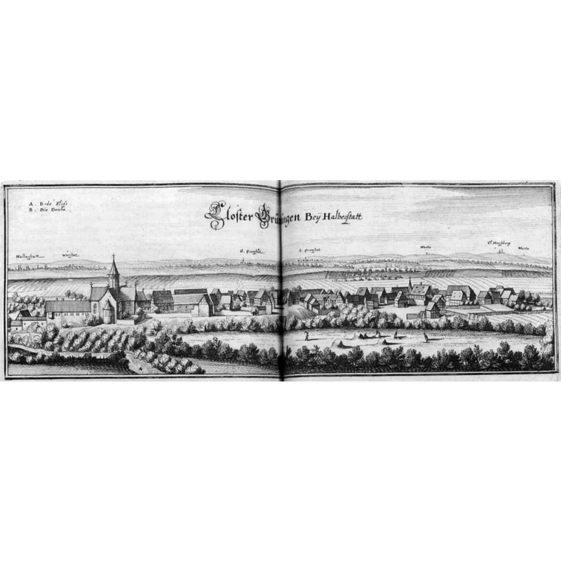 Source caption: "Grüningen Closter (Merian)"