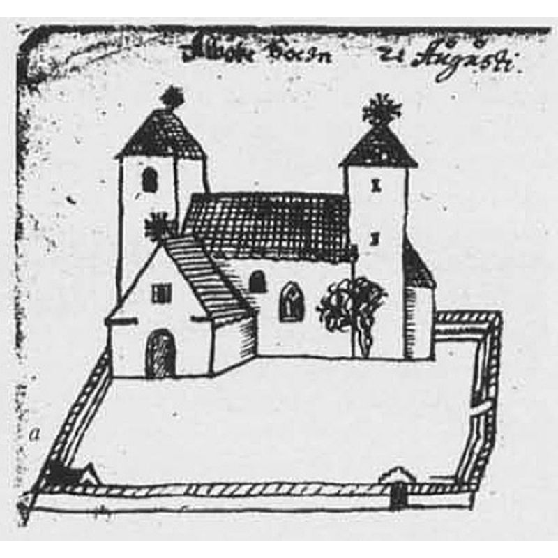 Source caption: "Alböke kyrka, teckning av J. H. Rhezelius 1631" -- the earlier 13thC church, shown here in a 1631 drawing, would be replaced by the present church of 1859-1862