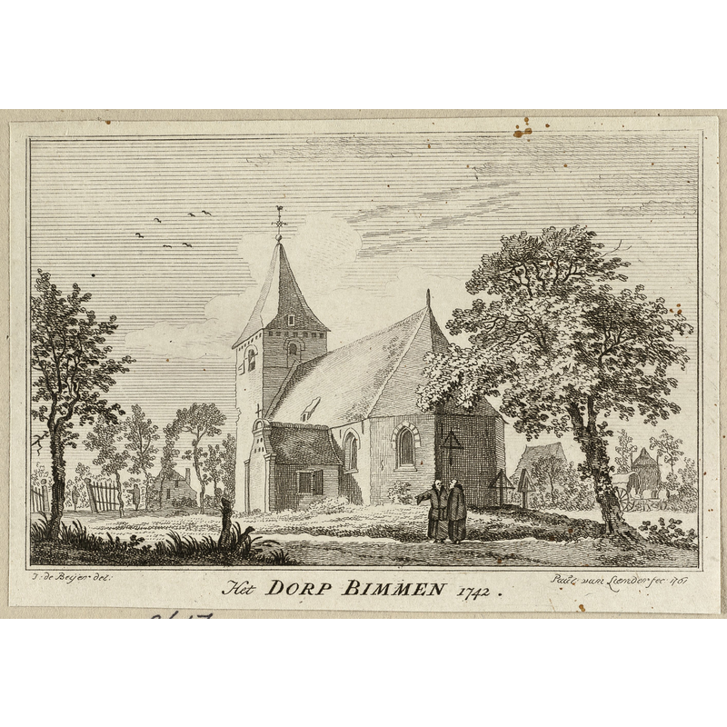 Source caption: "Gezicht op de kerk van Bimmen. Prent uit een 100-delige serie met gezichten op dorpen en steden te Kleef. Gravure door Paulus van Liender naar ontwerptekening van Jan de Beijer."