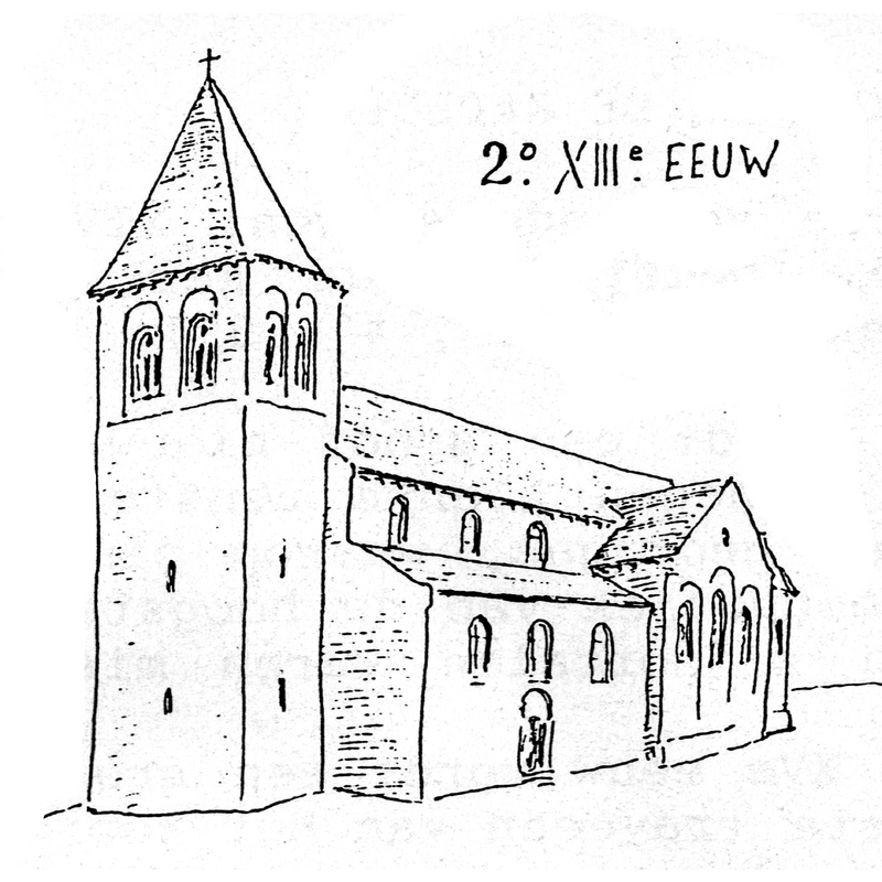 Source caption: "In de XIIIe eeuw werd een hogere klokkenverdieping opgetrokken, met sierbogen en dubbele galmgaten, versierd met zuiltjes, tweelingsbogen en oculus er boven. Al deze kenmerken zijn reeds aanwezig in de gelijktijdig opgebouwde dubbele fronttoren van de SInt-Germanuskerk te Tienen."