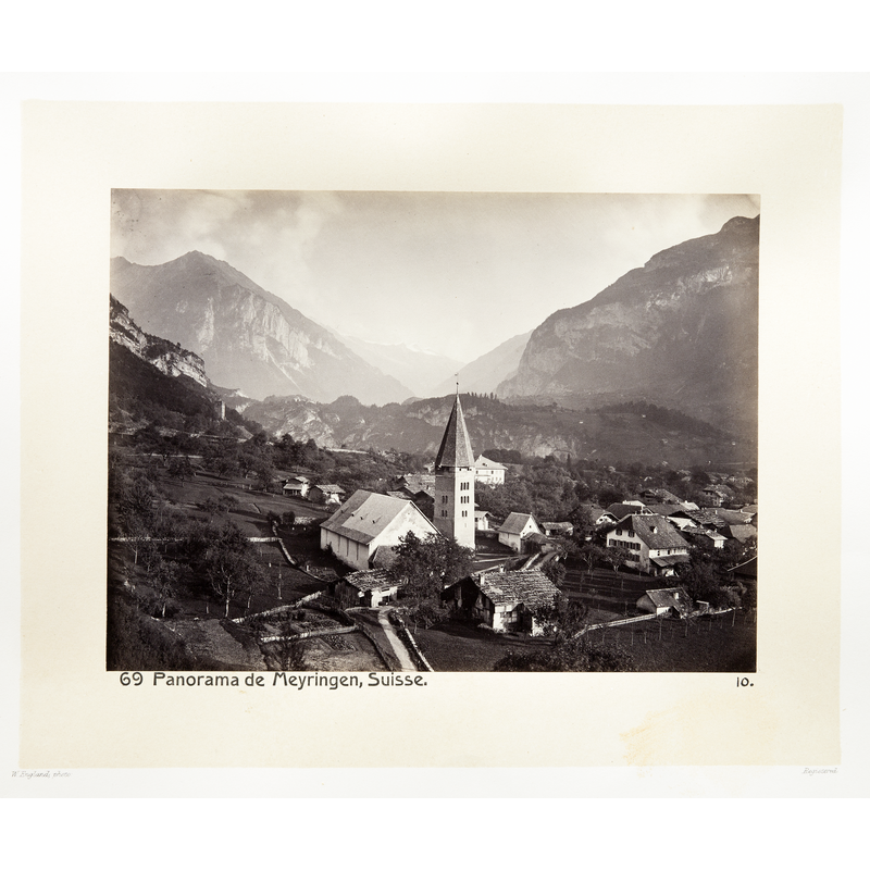 Source caption: "Panorama över Meiringen, Schweiz. Inköpta af Walther och Wilhelmina von Hallwyl, f. Kempe, under deras resa i Schweiz omkring år 1870."