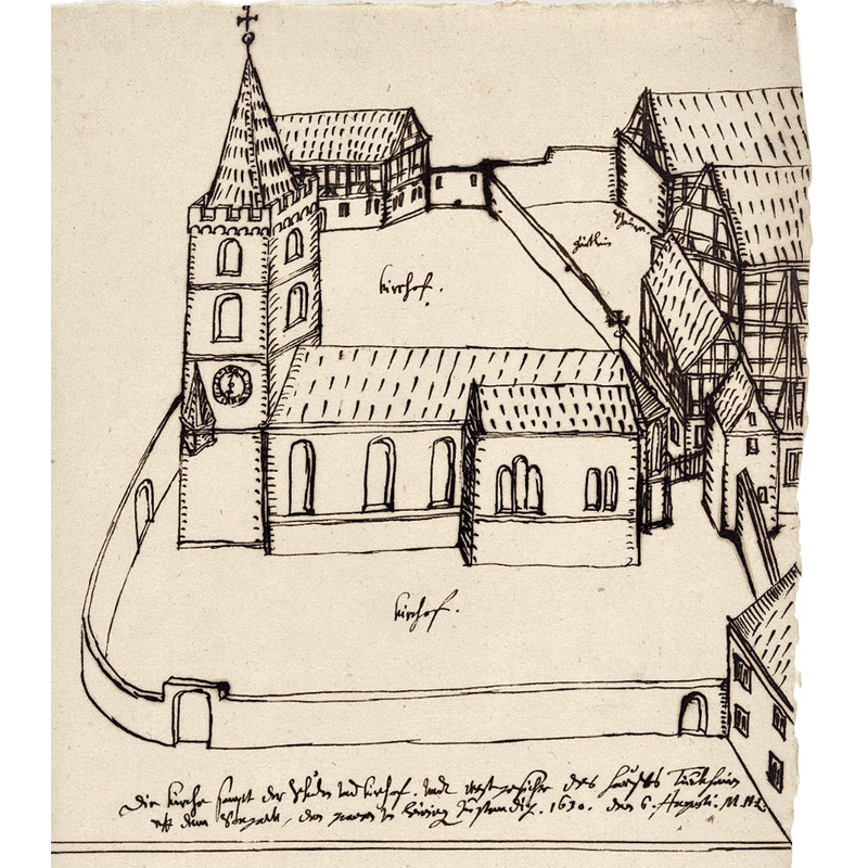 Source caption: "Schlosskirche Bad Dürkheim, 1630, gezeichnet von Landgraf Moritz von Hessen-Kassel (1572-1632)"