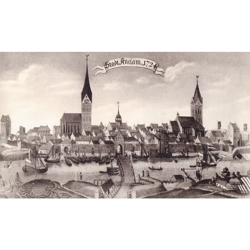 Source caption: "Anklam im Jahr 1724 vom Peendamm aus gesehen, Bildtext: "Stadt Anclam 1724"; unbekannter Künstler " -- view of Anklam in 1724, showing the two churches: Marienkirche and Nikolaikirche
