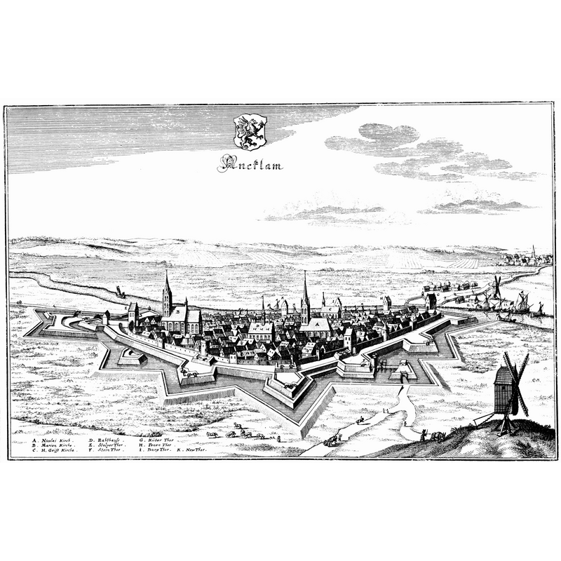 Source caption: "Die Abbildung stammt von Matthäus Merian dem Älteren aus dem 17. Jahrhundert (1620–1650)." -- showing the two churches: Marienkirche and Nikolaikirche