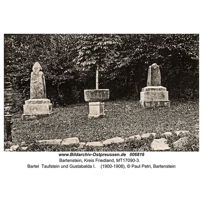 Source caption: " 	Bartenstein, Bartel Taufstein und Gustabalda" [NB: Bartel and Gustabalda refers to an old Prussian legend about the pre-Christian Prussian king Widemut (Waidemut) and his son (Bartel) and daughter (Gustabalda). Bartel and Gustabalda were lovers, and as punishment they were transformed into stones [cf. FontNotes]