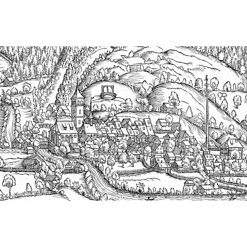 Source caption: "Darstellung des Dorfes Appenzell in der Stumpfschen Chronik. Auf dem Bild ist die spätgotische Kirche mit Beinhaus gut zu erkennen, 1547/48 (Ausschnitt)"